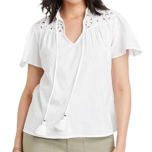 Knox Rose Women's Short Sleeve V-Neck Woven Eyelet Top, NWT xl  white